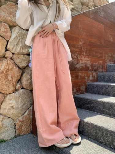 Retro loose cotton and linen trousers elastic waist drawstring niche casual pants