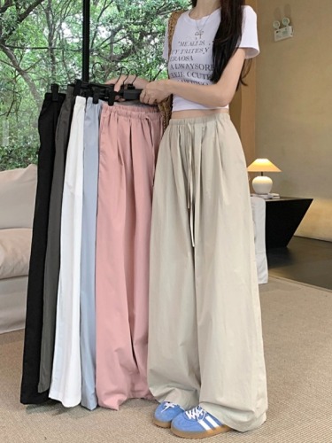 Real shot of lazy casual pants for women in summer solid color elastic waist pants slimming wide leg pants loose drape floor mopping pants