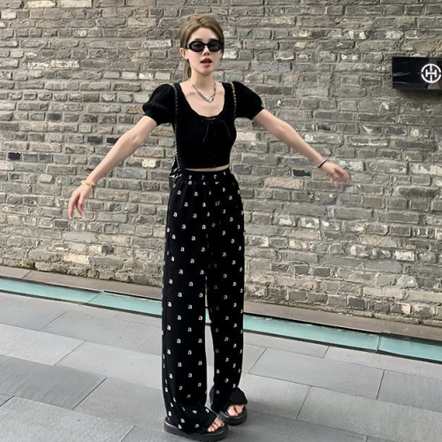 Black bow wide-leg pants for women in summer, thin, sun-proof, cool, floral pajamas, casual walking pants, trendy