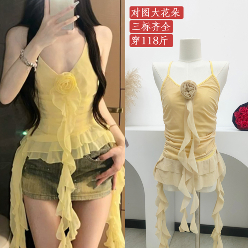 2024 new summer style asymmetric ruffle flower V-neck suspender resort style chiffon pleated sleeveless top summer