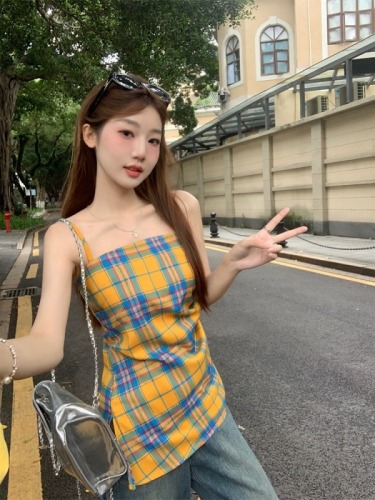 New design slit irregular yellow plaid suspender top for women