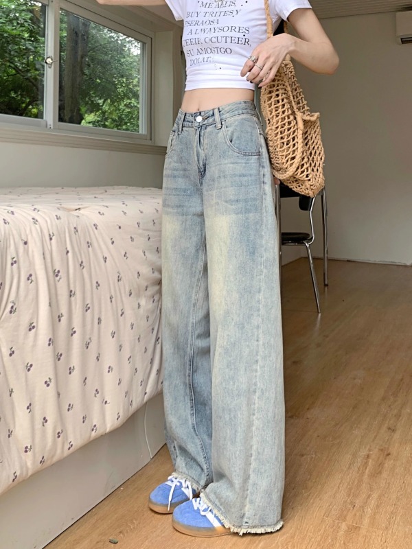Light blue straight jeans for women summer 2024 new high-waisted loose slimming drape floor-length trousers