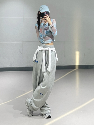 Blue tie-dye hottie long-sleeved T-shirt for women spring 2024 new slim fit short style slimming mesh