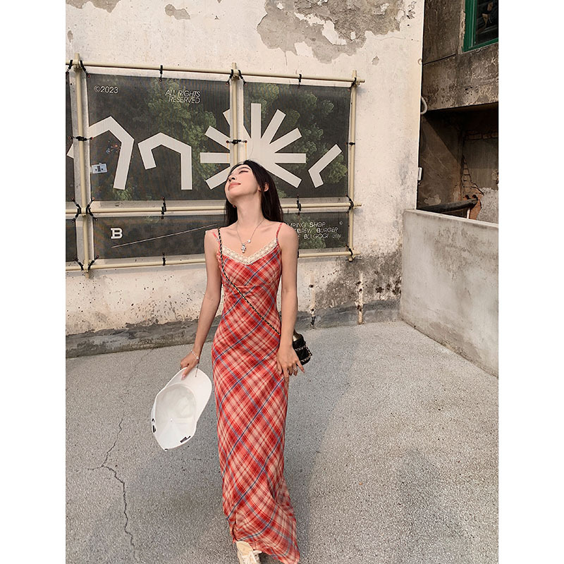 Higurashi Rose French plaid strap tea dress women's lace V-neck mesh dress