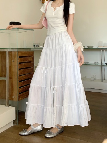 Actual shot and real price ~ New style high-waisted slimming spliced ​​bow long skirt A-line large hem umbrella skirt cake skirt