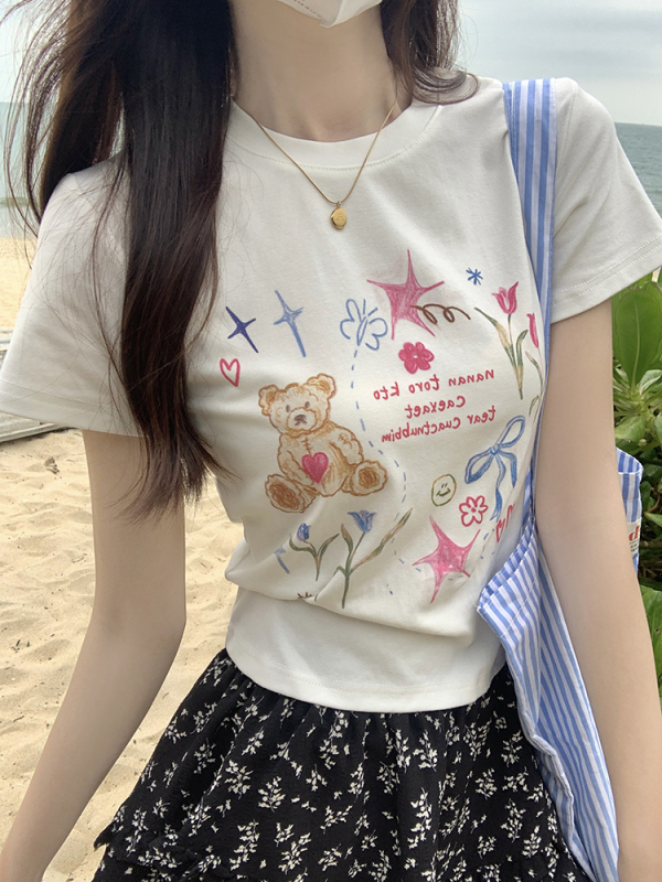 Korean style new bear printed T-shirt summer casual versatile slimming top