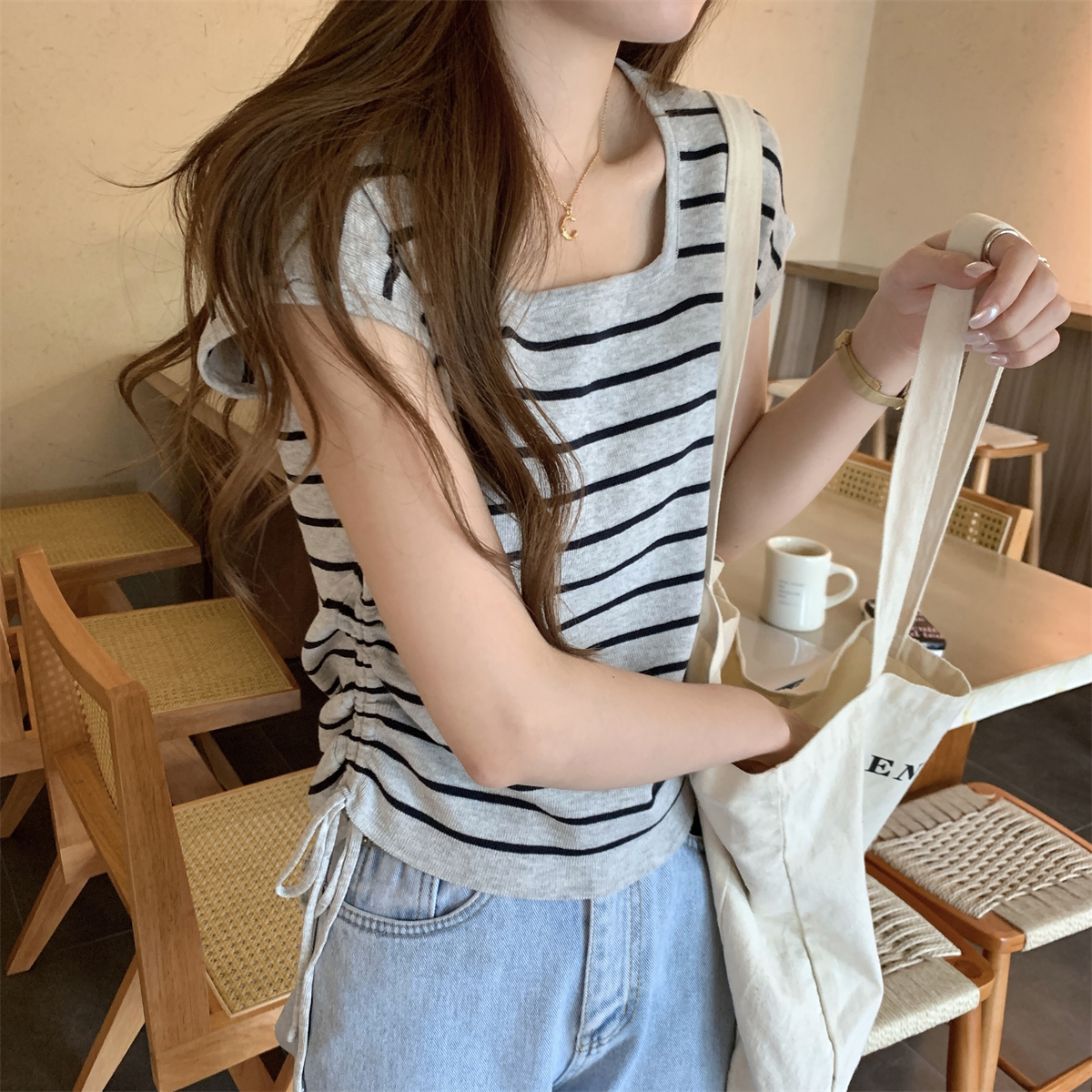 實拍 夏季韓版方領氣質抽繩顯瘦亞麻薄款針織衫短袖上衣女