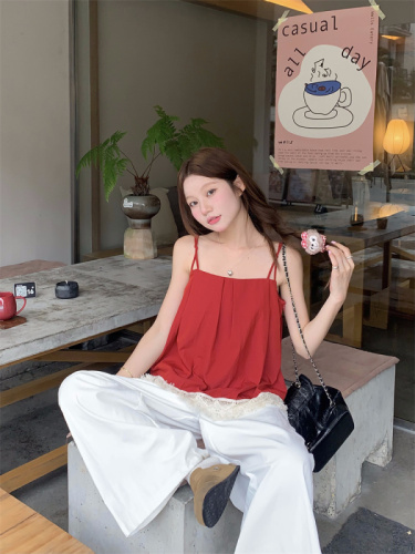 Real shot!  Lace spliced ​​linen suspenders for small women slimming red doll top