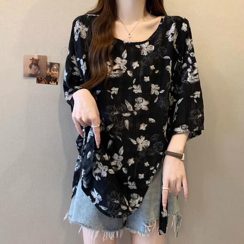 Original workmanship plus size women's fat mm summer wear new 2024 round neck small floral breathable loose versatile top