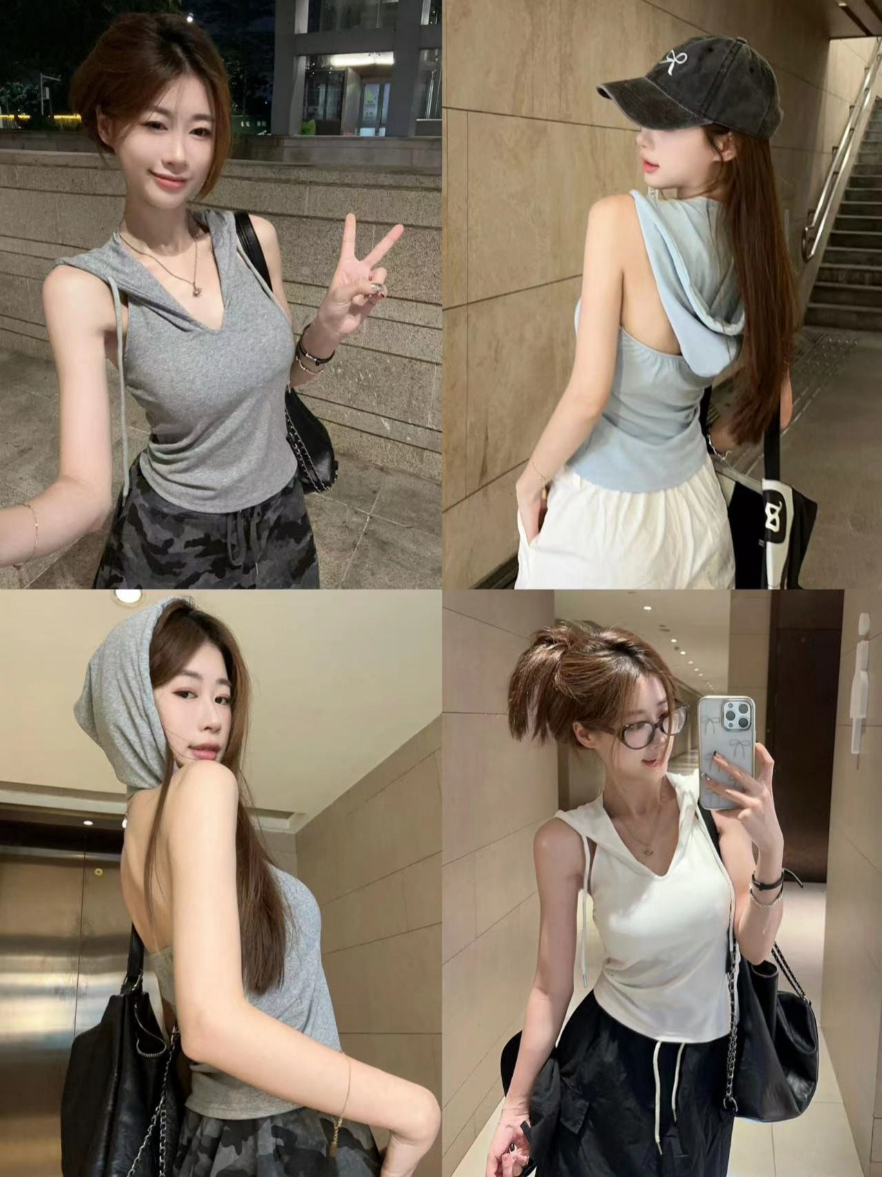 Real shot~ Retro hot girl backless short slim fit hooded sleeveless vest T-shirt