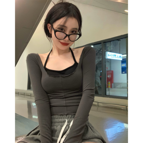 Actual shot and real price ~ 2024 autumn two-piece set pure desire slightly see-through hot girl slim tight long-sleeved short T-shirt top for women