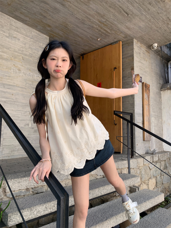 Actual shot of summer milky apricot strapless halterneck sleeveless vest top