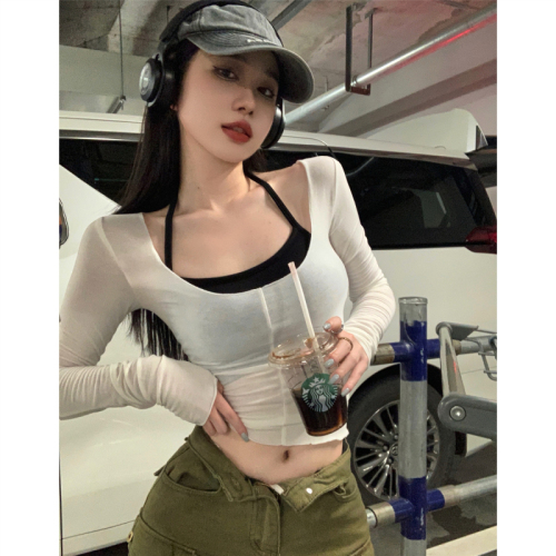Actual shot and real price ~ 2024 autumn two-piece set pure desire slightly see-through hot girl slim tight long-sleeved short T-shirt top for women
