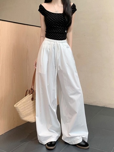 Real shot of lazy casual pants for women in summer solid color elastic waist pants slimming wide leg pants loose drape floor mopping pants