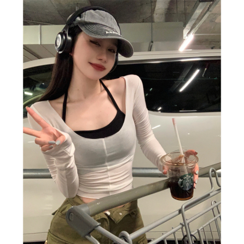 Actual shot and real price ~ 2024 autumn two-piece set pure desire slightly see-through hot girl slim tight long-sleeved short T-shirt top for women