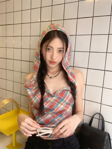 Real shot of red plaid swing collar top for hot girls summer sleeveless hooded outer vest