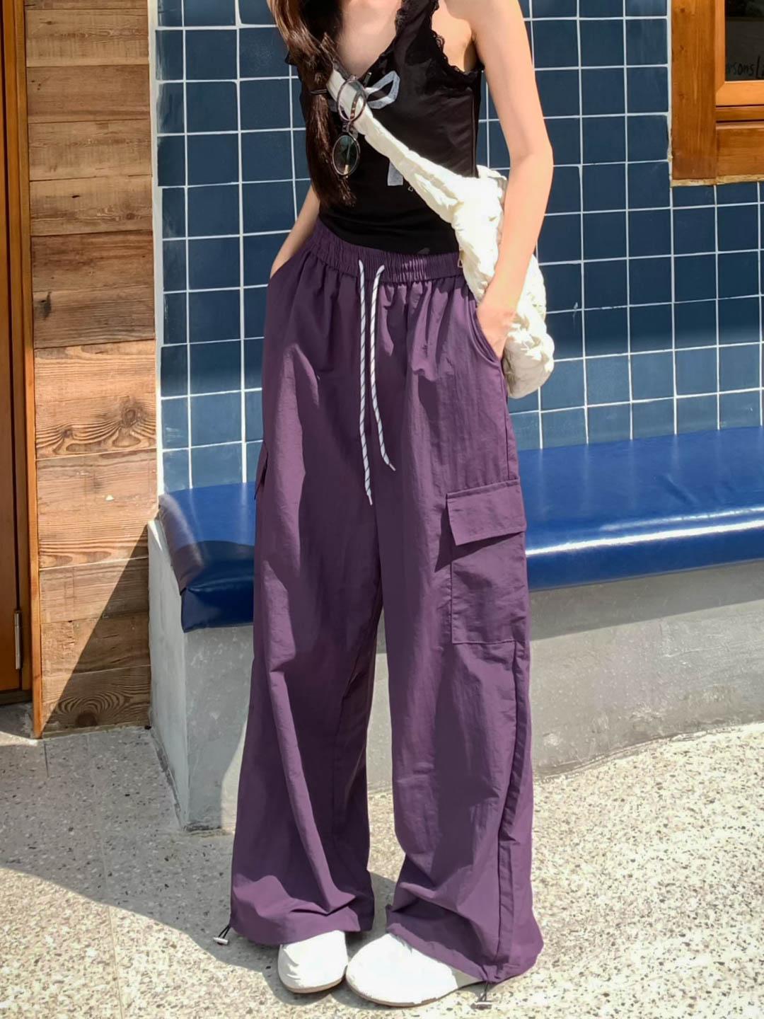 Photographed Summer Thin Color-blocked Drawstring Work Pants Loose Versatile Pocket Casual Wide-leg Pants