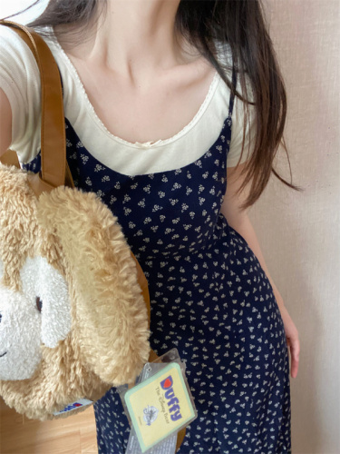 Cream lace bow round neck short-sleeved T-shirt + retro floral waist slimming suspender dress