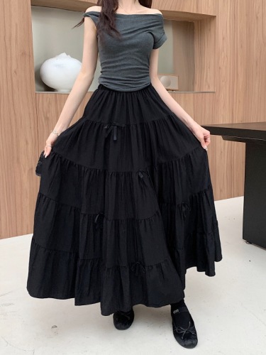 Actual shot and real price ~ New style high-waisted slimming spliced ​​bow long skirt A-line large hem umbrella skirt cake skirt