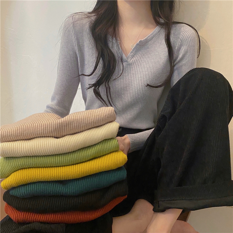 Slim and versatile V-neck pullover long-sleeved sweater bottoming top for women