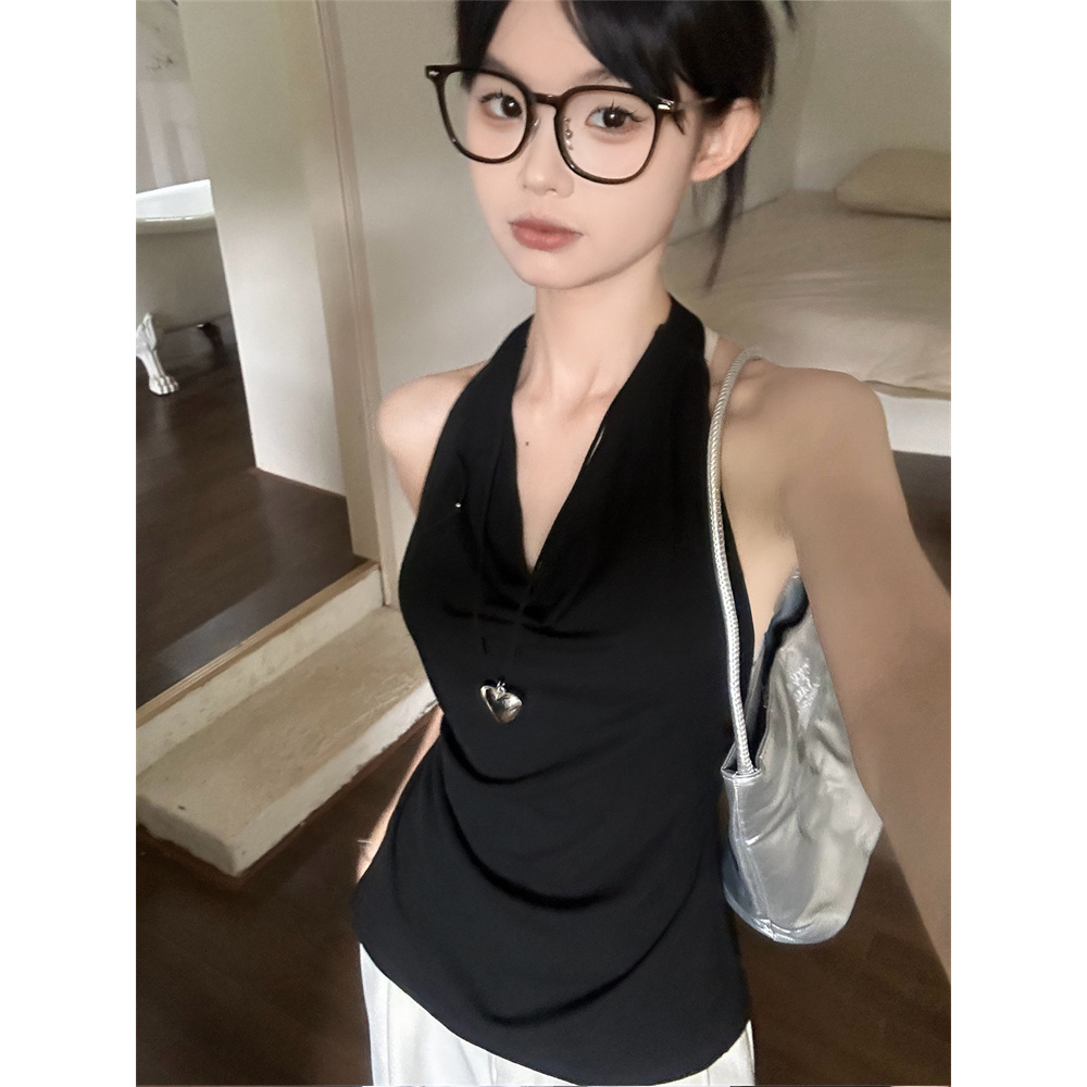 Real shot of hot girl sexy halterneck off-shoulder sleeveless top for women summer pure lust style backless two-wear vest