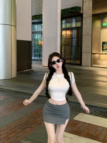 Real shot!  Sweet desire mini skirt low waist hot girl pure desire short skirt simple basic versatile short-sleeved T-shirt suit