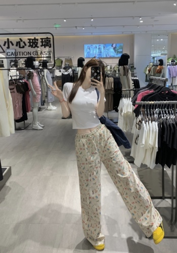 Real shot of Dog Walk Print Pants Summer Drawstring Airport Pants Elastic Loose Straight Pants Casual Pants