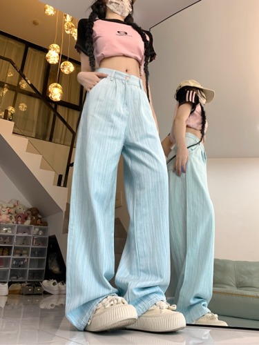 Actual shot ~ blue jeans women's new high-waist slim textured straight casual trousers Korean version