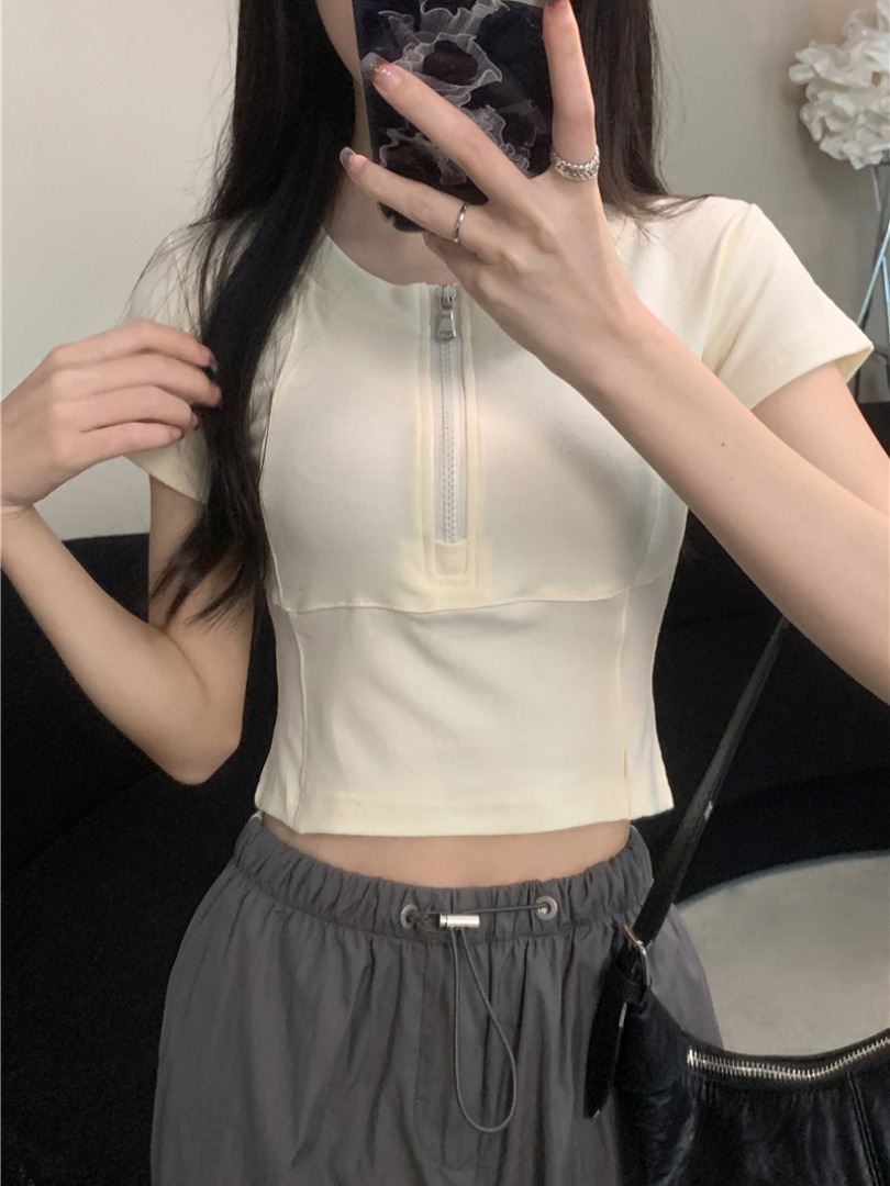 實拍 真 設計感半拉鏈正肩短款上衣修身短袖T恤女