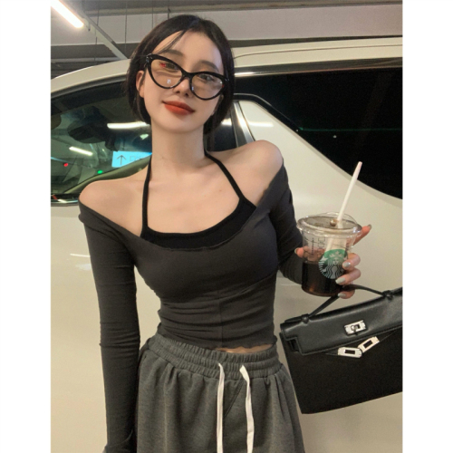 Actual shot and real price ~ 2024 autumn two-piece set pure desire slightly see-through hot girl slim tight long-sleeved short T-shirt top for women