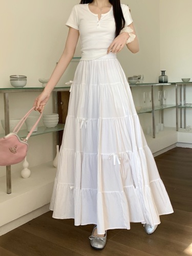 Actual shot and real price ~ New style high-waisted slimming spliced ​​bow long skirt A-line large hem umbrella skirt cake skirt