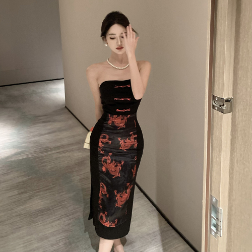 Actual shot of new women's retro Chinese style tube top slim hip-covering birthday party cheongsam dress