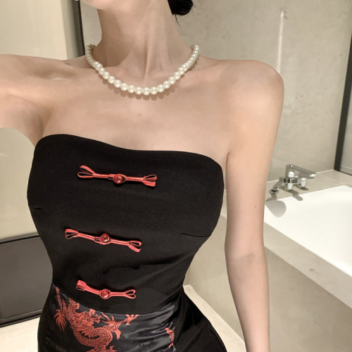 Actual shot of new women's retro Chinese style tube top slim hip-covering birthday party cheongsam dress