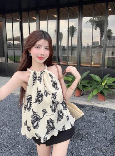 Tmall quality ink painting French floral chiffon women's summer outer wear pure lust sweet hottie halter top