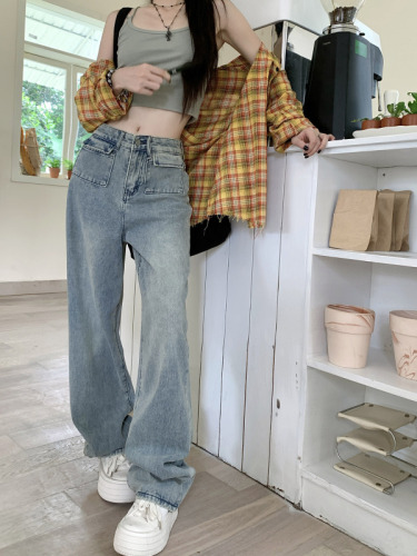 Real shot of high-waisted wide-leg straight retro embroidered pocket jeans