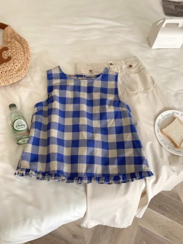 Super sweet Korean cotton and linen vest shirt for women in summer, thin, super good-looking, sweet and slim, versatile pink plaid shirt