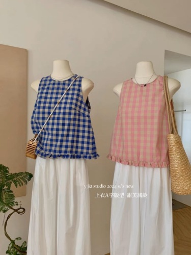 Super sweet Korean cotton and linen vest shirt for women in summer, thin, super good-looking, sweet and slim, versatile pink plaid shirt