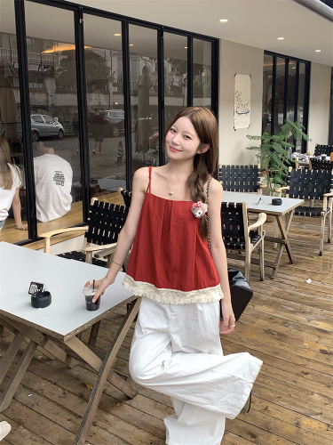 Real shot!  Lace spliced ​​linen suspenders for small women slimming red doll top