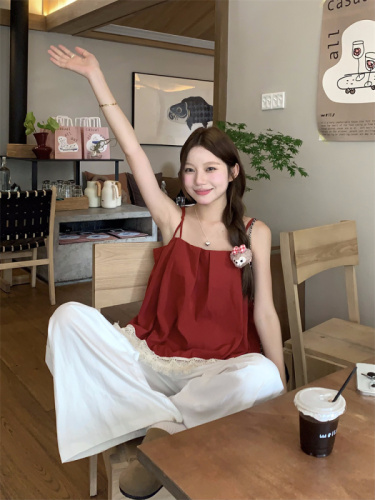 Real shot!  Lace spliced ​​linen suspenders for small women slimming red doll top