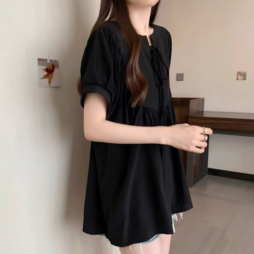 Original workmanship and design black short-sleeved shirt for women summer plus size fat mm waist slimming belly covering top