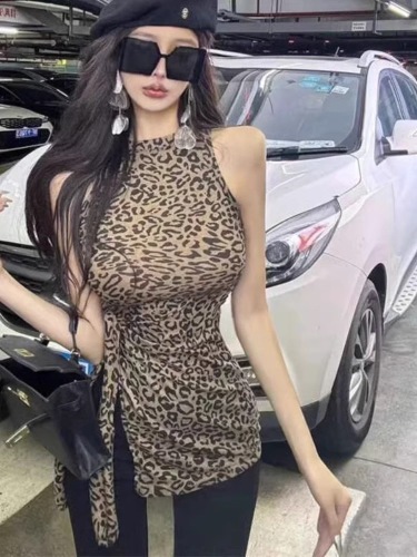 Leopard print lace-up sleeveless vest for women's new summer style, sexy and slim, designed top for inner wear and outer wear