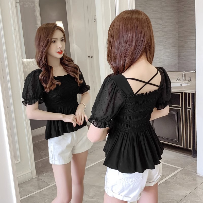 French square collar shirt for women with niche design 2024 new style waist style puff sleeve top