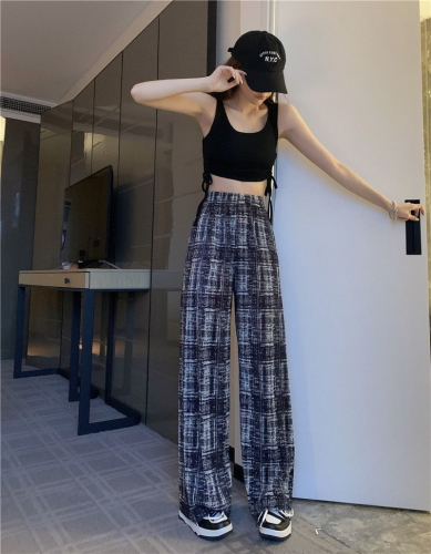 Plus size women's retro pattern wide leg pants women's pleated style new high waist slim plaid pants versatile