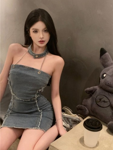 Real shot!  Hot Girl Chain Halter Denim Dress Waist Covering Hip Slim Tube Top Skirt