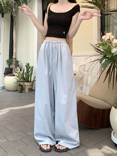 Real shot of lazy casual pants for women in summer solid color elastic waist pants slimming wide leg pants loose drape floor mopping pants