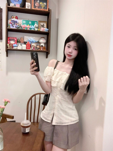 Real shot Midsummer Diary Cream Baileys Young Girl Ruffled French One Shoulder Waist Shirt