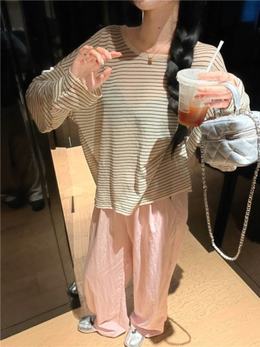 Actual shot~ Light oxygen striped sweater, long-sleeved loose skin-friendly sun protection blouse, loose Yamamoto pants and trousers two-piece set