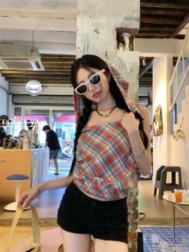 Real shot of red plaid swing collar top for hot girls summer sleeveless hooded outer vest