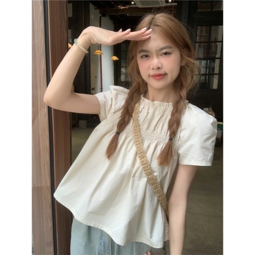 Sweet style lace short-sleeved shirt for women 2024 spring loose age-reducing shirt short doll top