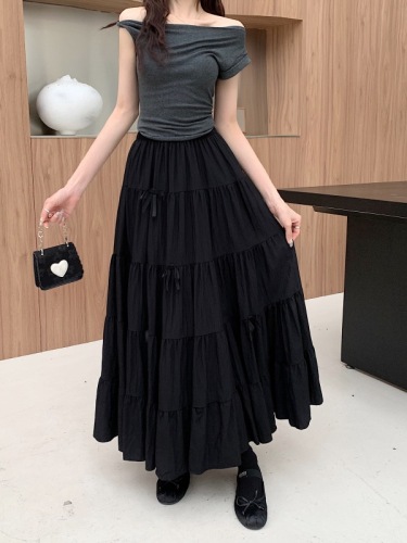 Actual shot and real price ~ New style high-waisted slimming spliced ​​bow long skirt A-line large hem umbrella skirt cake skirt